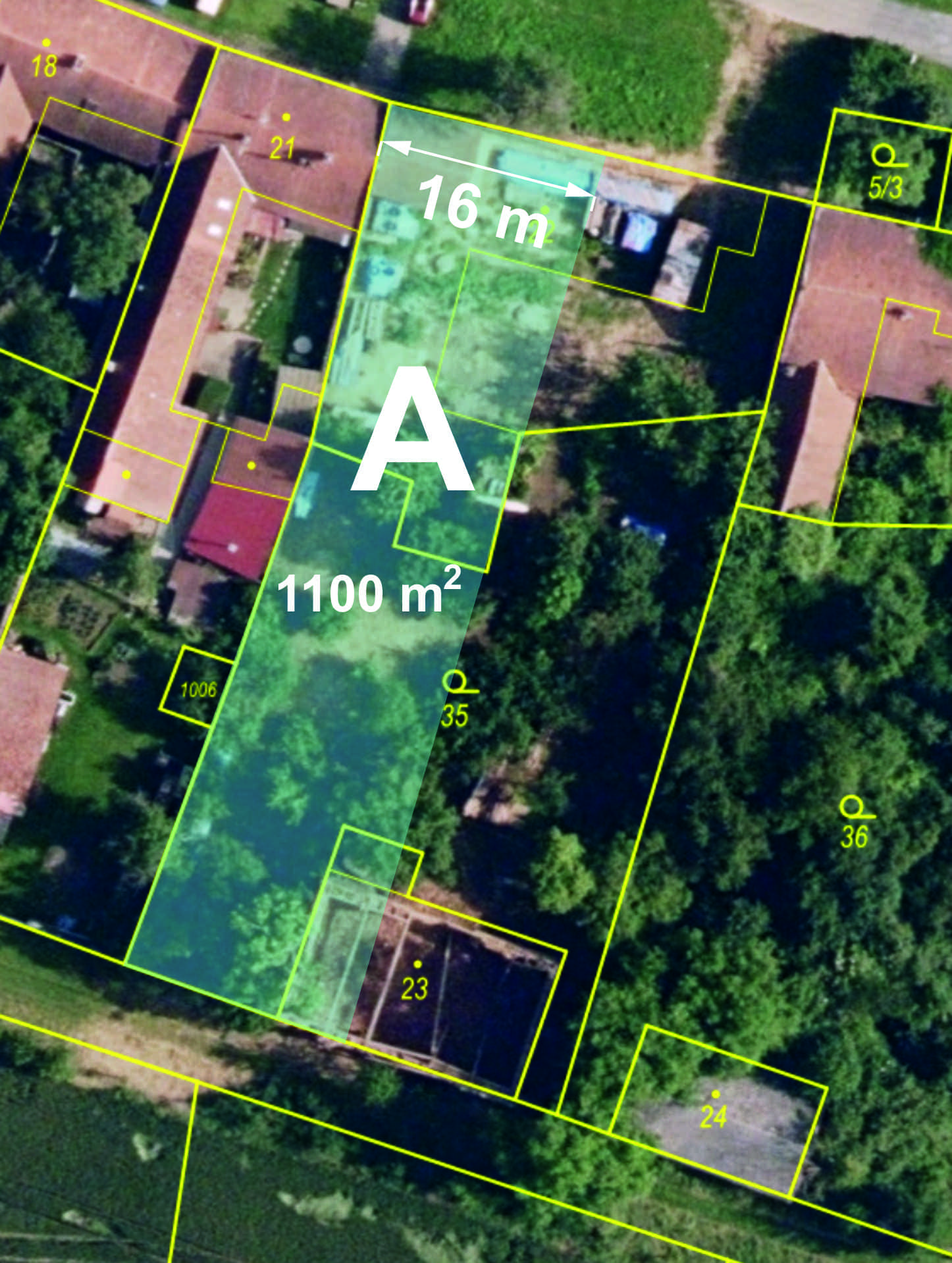 Parcela A — letecký snímek s vyznačením